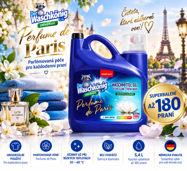 Waschkönig Universal Perfume de Paris prací gel 5,4 l – superbalení až 180 praní